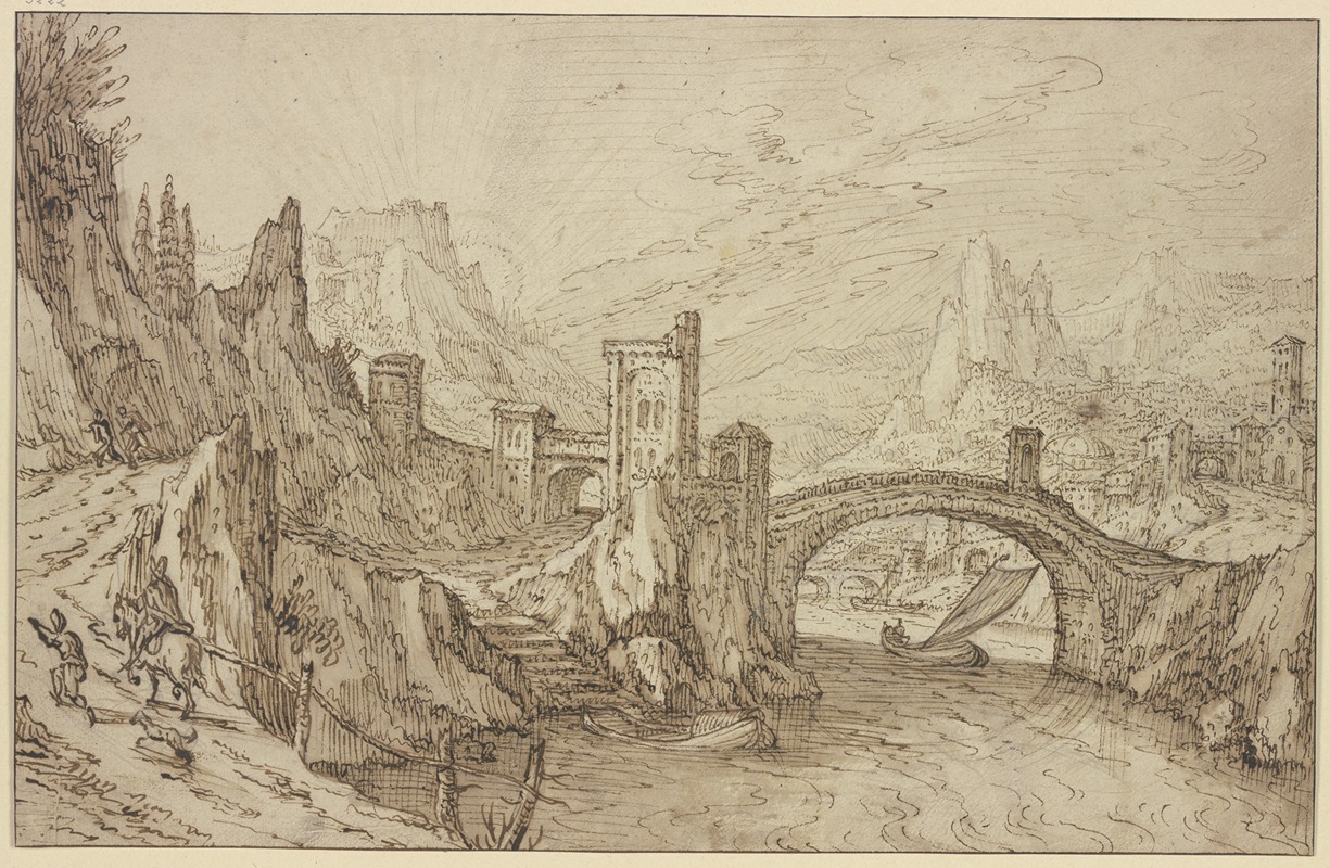 Tobias Verhaecht - Felsiges Flußtal, im Vordergrund eine Bogenbrücke, rechts eine Stadt