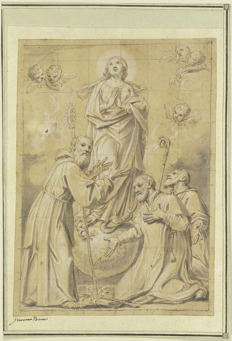Tommaso Bona - Maria Immakulata über der Schlange auf der Mondsichel und der Weltkugel stehend, von drei Jesuitenheiligen verehrt