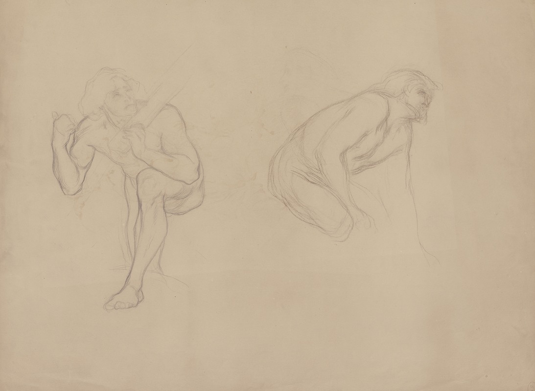 Victor Müller - A male nude in a bent position with his left leg raised, carrying an object on his shoulder, next to him a crouching male nude to the right
