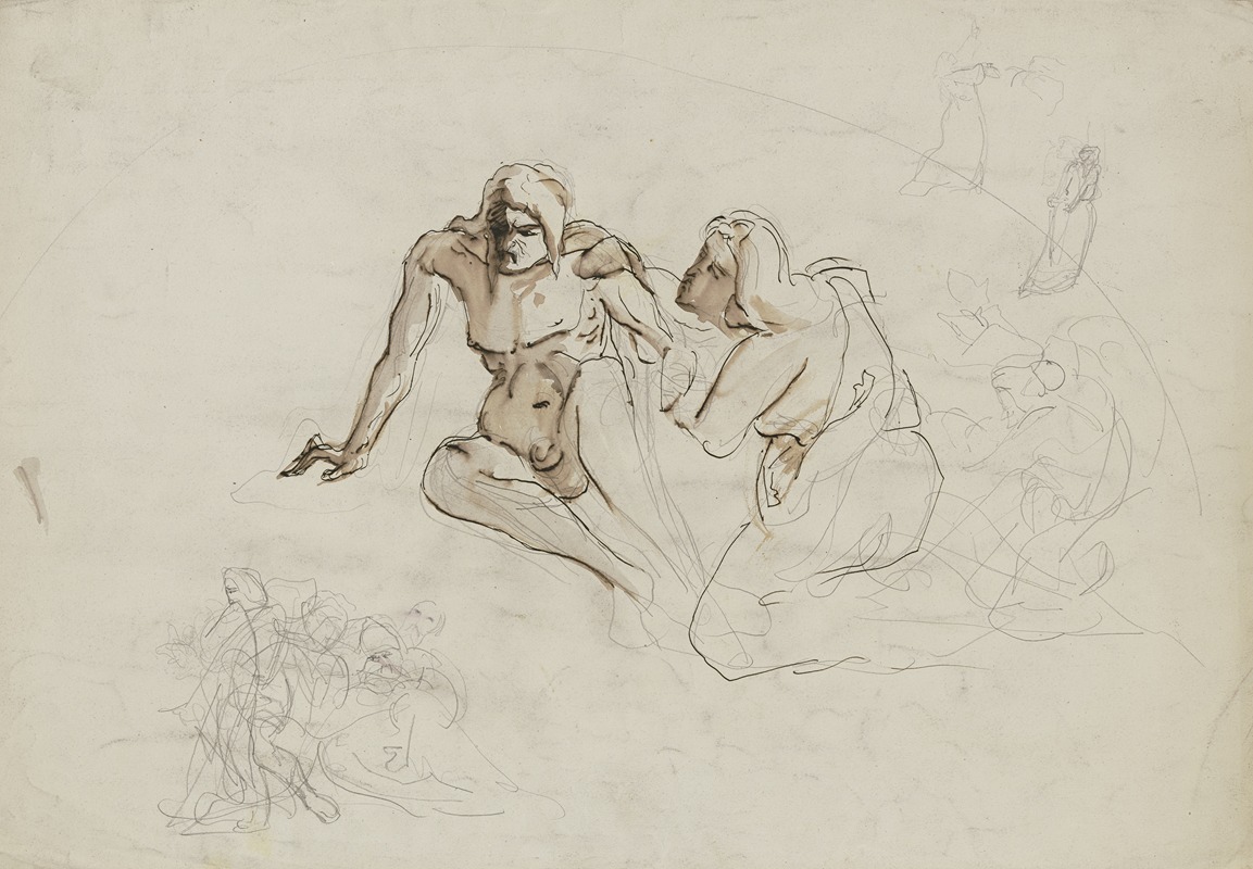 Victor Müller - Auf dem Boden sitzender, übellauniger männlicher Akt, von einer neben ihm knienden weiblichen Gestalt umsorgt , sowie weitere figürliche Skizzen