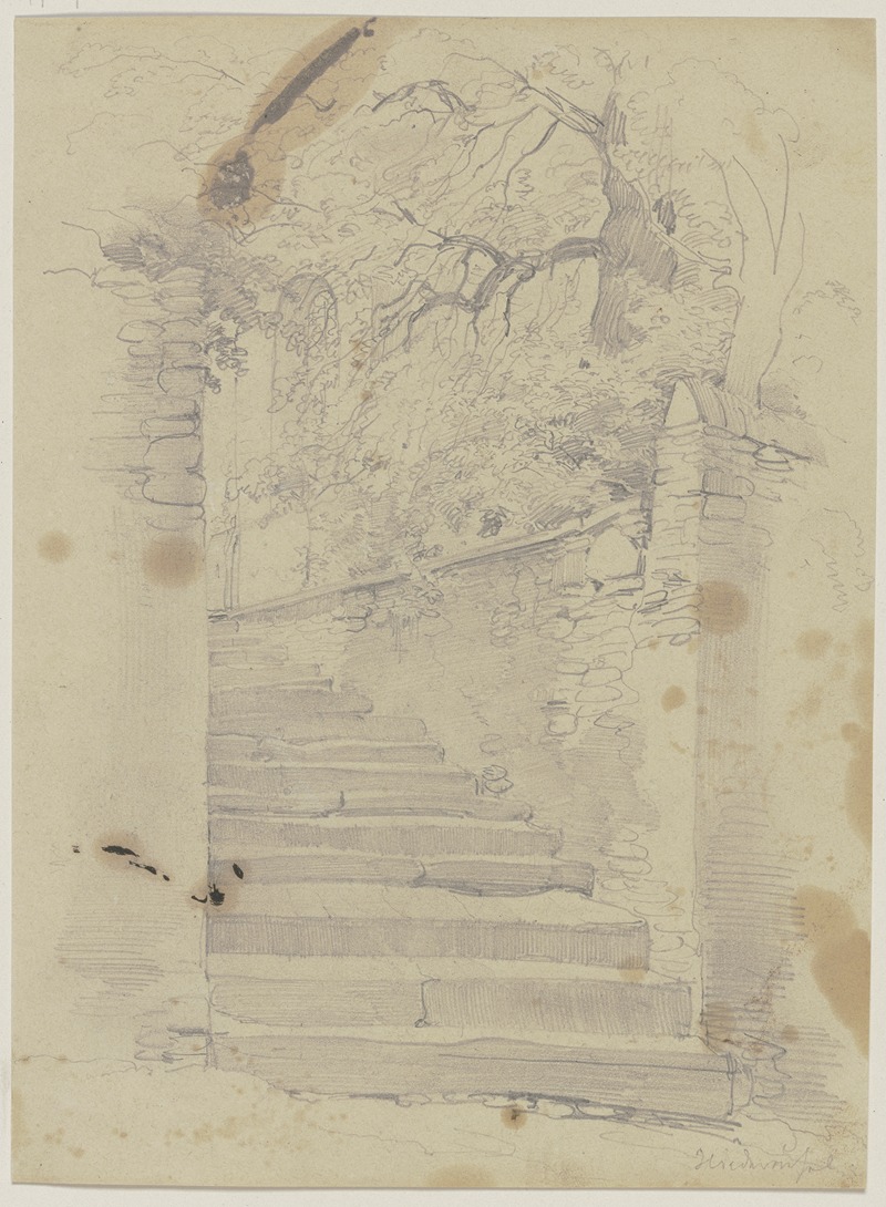 Jakob Becker - Alte Treppe, umgeben von Bäumen