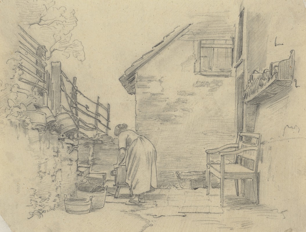 Jakob Becker - Arbeitende Frau vor einem kleinen Haus