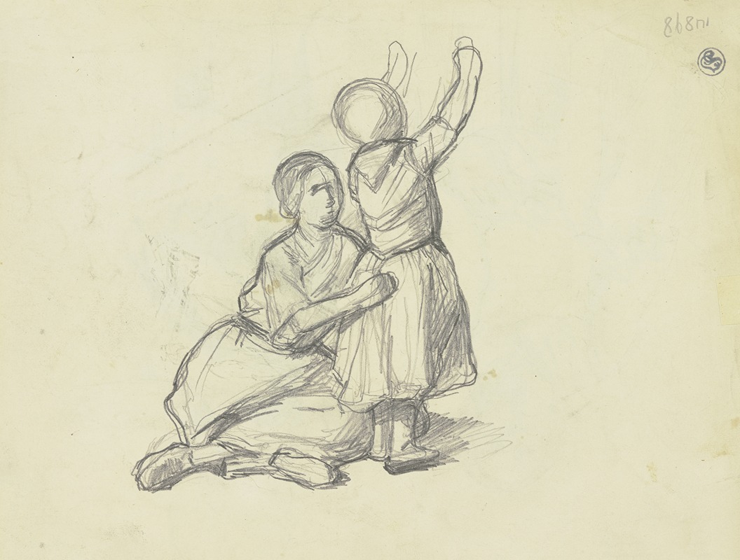 Jakob Becker - Auf dem Boden sitzende Frau mit einem neben ihr stehenden kleinen Mädchen mit erhobenen Armen