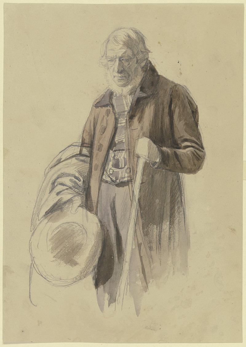 Jakob Becker - Bärtiger Mann mit abgenommenen Hut und Mantel über dem Arm, in der Linken ein Stab