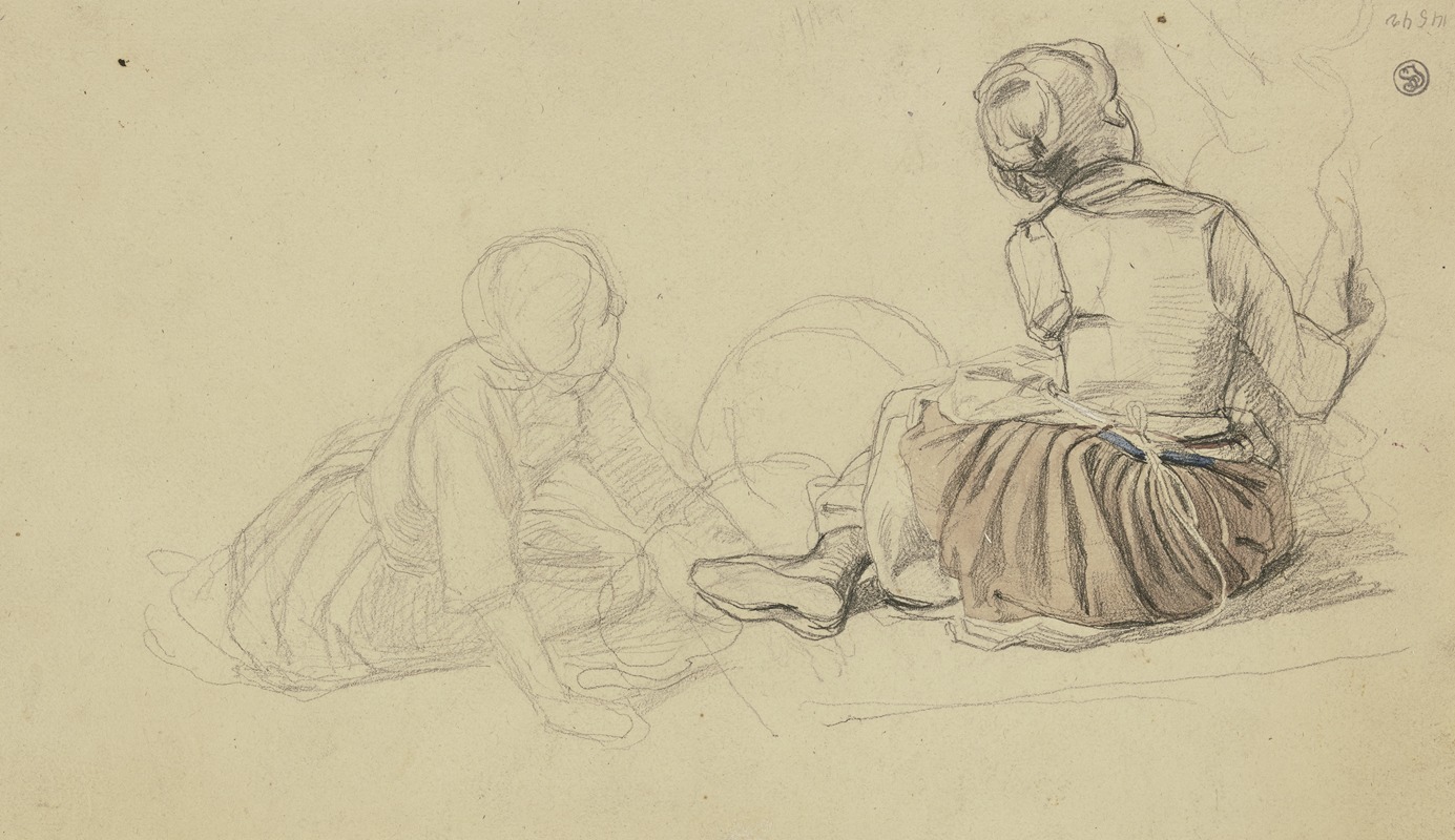 Jakob Becker - Zwei auf dem Boden sitzende Mädchen, das rechte ein Kleinkind stützend