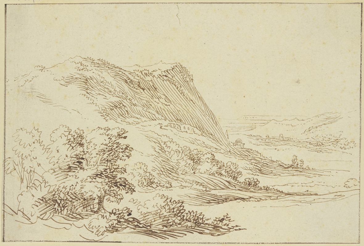 Vincent Jansz. van der Vinne - Landschaft, links ein Berg und Sträucher, rechts ein Tal im Hintergrund
