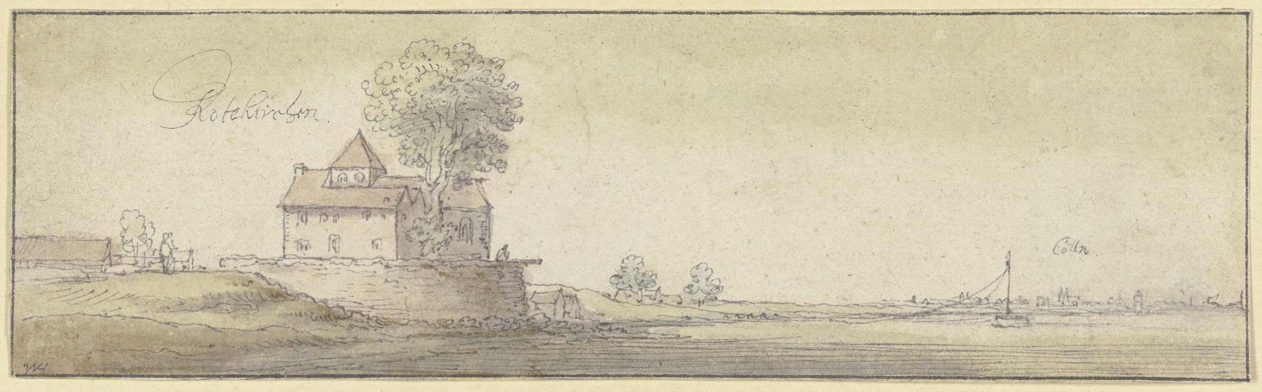 Wenceslaus Hollar - Ein Kirchlein unter einem Baum bei Rodenkirchen am Rhein, in der Ferne die Stadtsilhouette von Köln