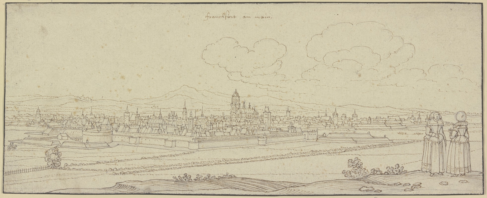 Wenceslaus Hollar - Frankfurt am Main von der Südseite gesehen, rechts im Vordergrund zwei Damen