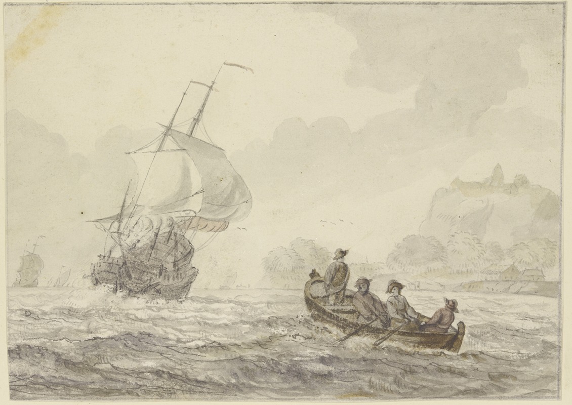 Wigerus Vitringa - Bewegte See, links segelt ein großes Schiff, rechts ein Ruderboot mit vier Mann