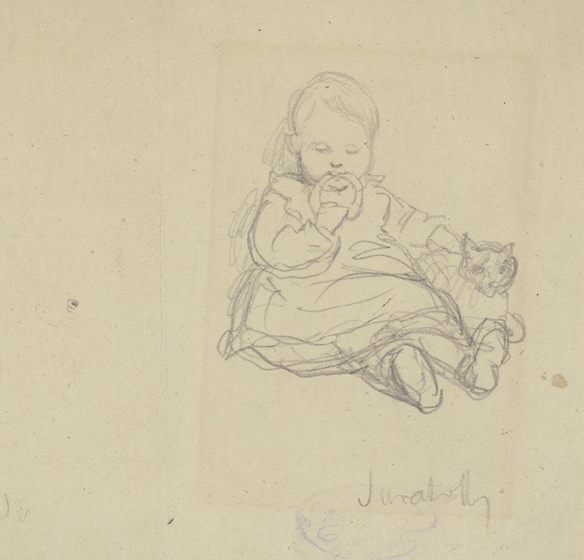 Wilhelm Amandus Beer - Sitzendes Kind mit Spielzeug und Katze