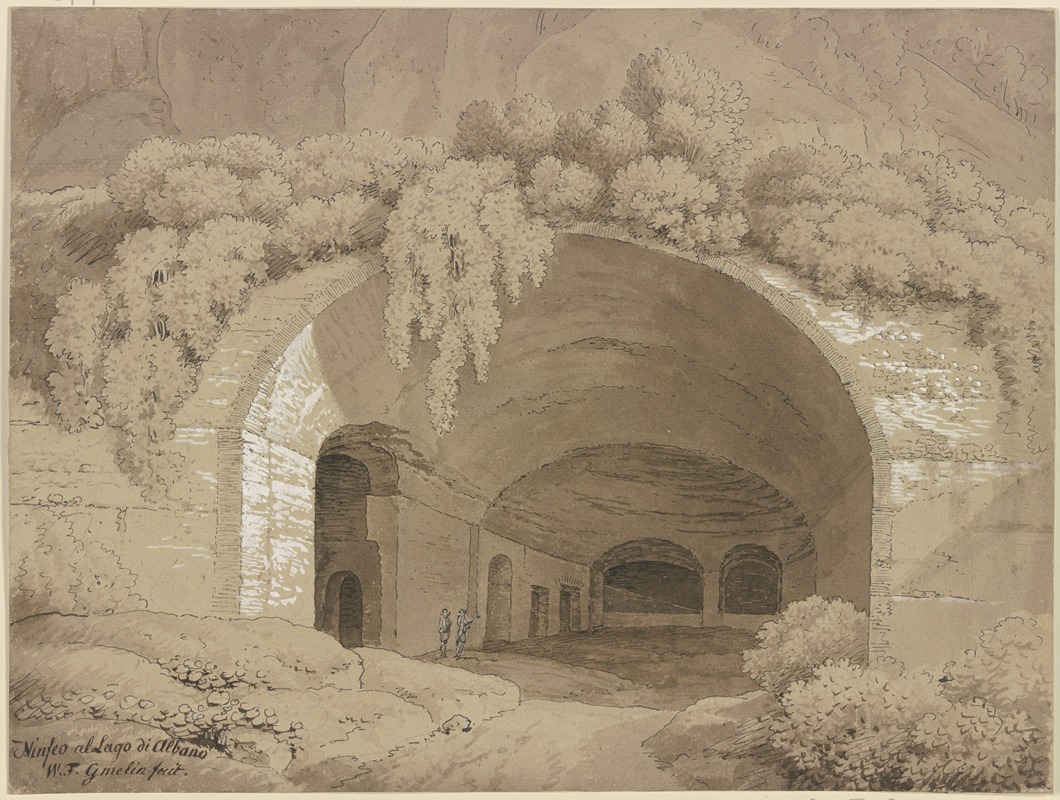 Wilhelm Friedrich Gmelin - Blick in ein antikes Gewölbe an einem Berghang, von Buschwerk umrahmt, in der Grotte zwei Figuren