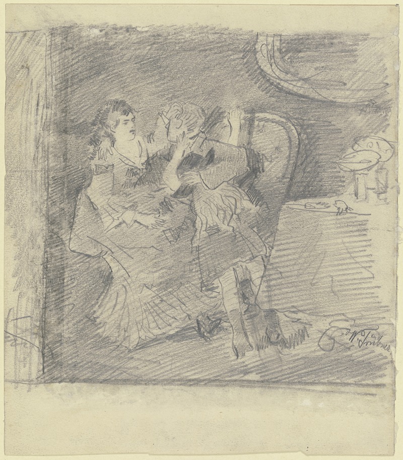 Wilhelm Trübner - Dame und Herr mit Kind auf einem Sofa, daneben Tisch mit Glas und Fruchtschale