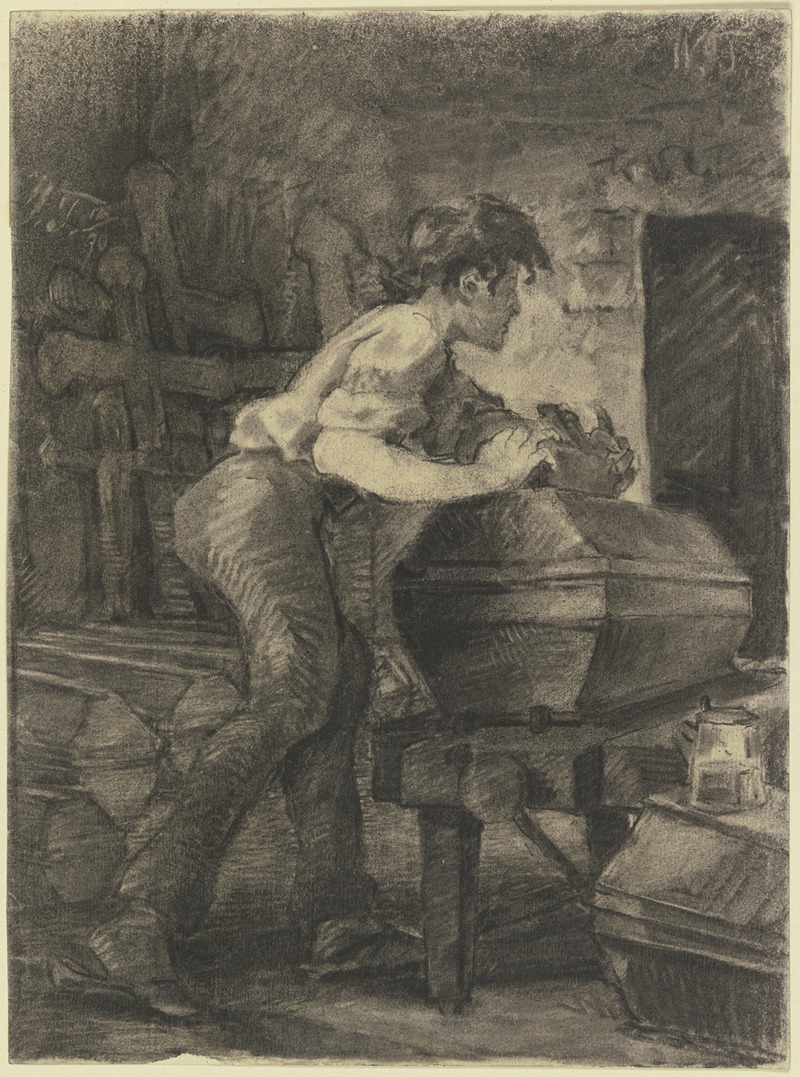Wilhelm Trübner - Ein junger Schreiner hobelt in der Werkstatt an einem Sarg