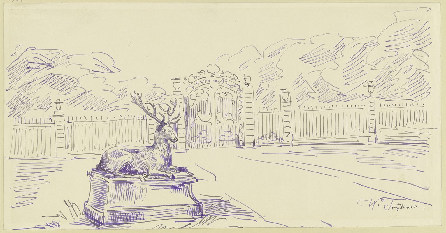 Wilhelm Trübner - Parkeingang mit dem Bildwerk eines liegenden Hirschen