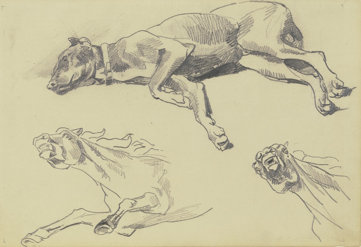 Wilhelm Trübner - Studienblatt; Die Dogge Cäsar, auf der Seite liegend nach links, schlafend; darunter zwei Pferdestudien in starker Untersicht