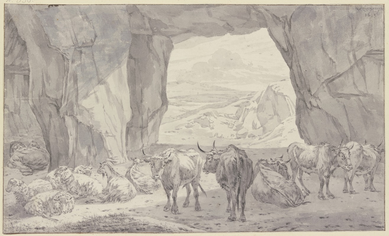 Willem Romeyn - Fünf Ochsen, vier Schafe und zwei Ziegen bei dem schlafenden Hirten in einer Höhle