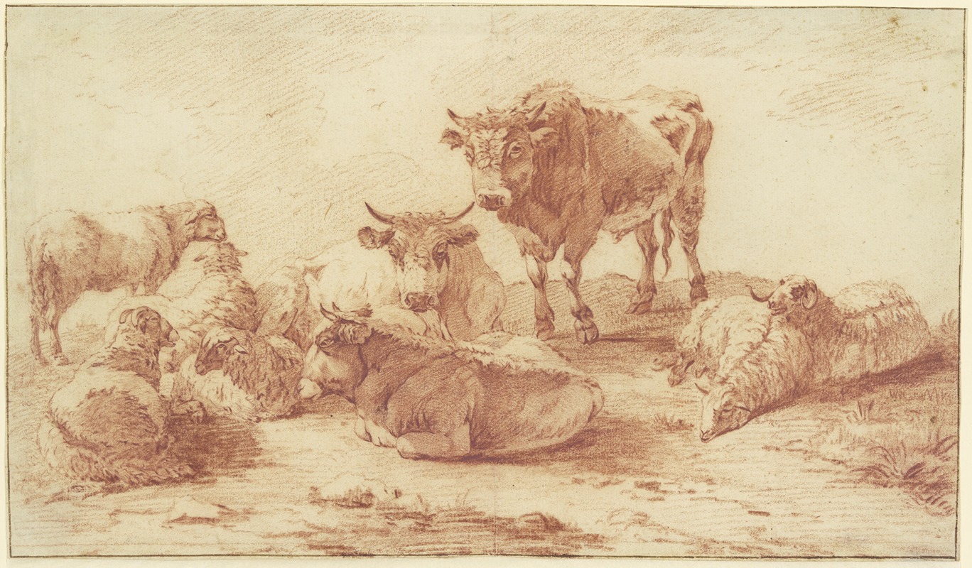 Willem Romeyn - Gruppe von drei Ochsen und sechs Schafen
