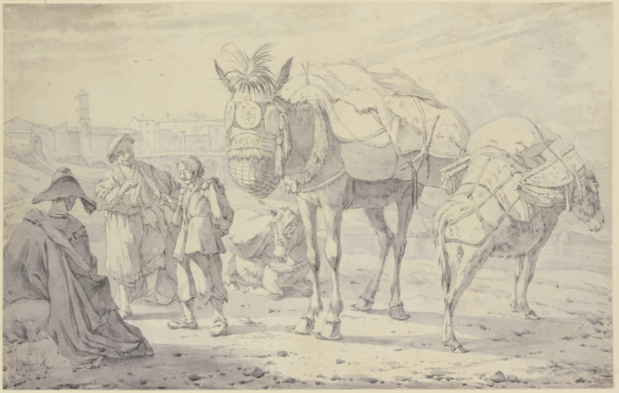 Willem Romeyn - Zwei Esel und ein beladenes Maultier mit ihren Treibern