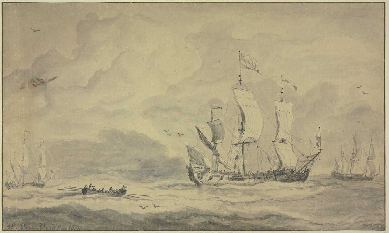 Willem van de Velde the Younger - Ein Dreimaster nach rechts segelnd, dahinter ein Ruderboot