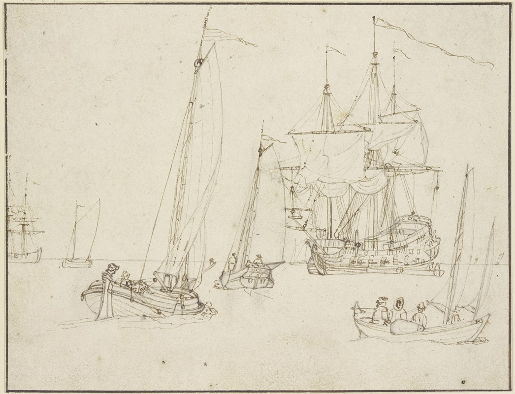 Willem van de Velde the Younger - Ein Kriegsschiff, umgeben von drei Segelbooten, in der Ferne noch mehrere andere Schiffe