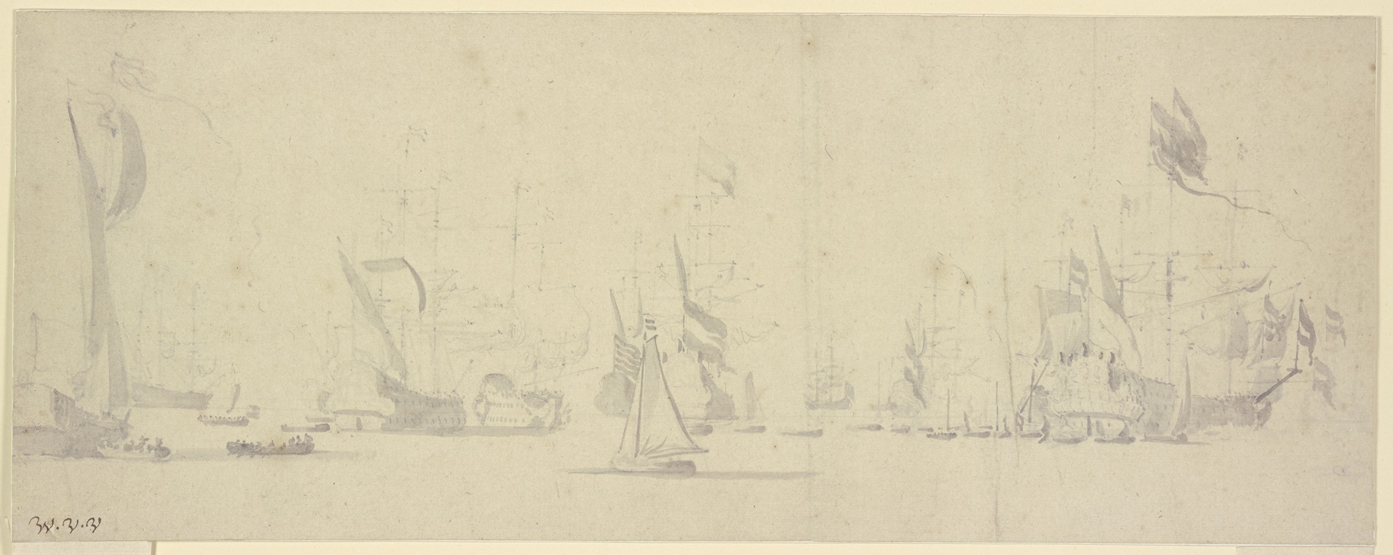 Willem van de Velde the Younger - Eine Flotte, rechts das reich beflackte Admiralsschiff, umgeben von vielen Booten