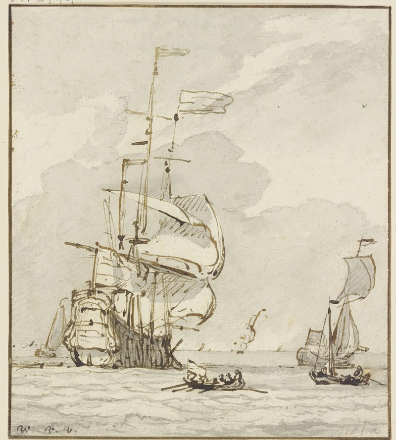 Willem van de Velde the Younger - Großes Schiff von links nach hinten segelnd, vorne ein Ruderboot und mehrere andere Schiffe