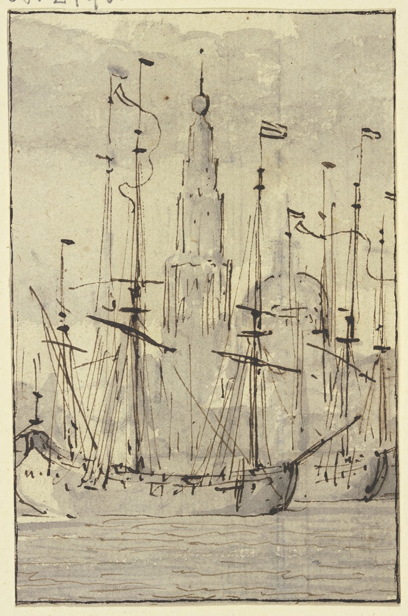 Willem van de Velde the Younger - Schiffe, vor einer Kirche liegend