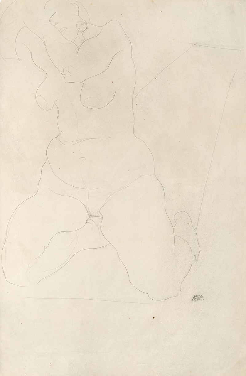 Egon Schiele - Female nude kneeling on carpet