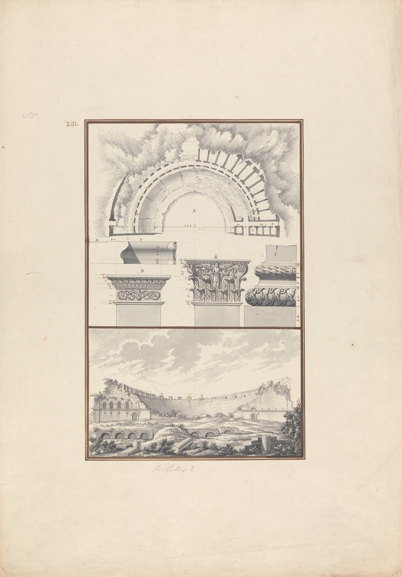 Giovanni Battista Borra - Top Panel: Plan, Column Details: Bottom Panel: View of a Ruined Theater, Probably that at Miletus