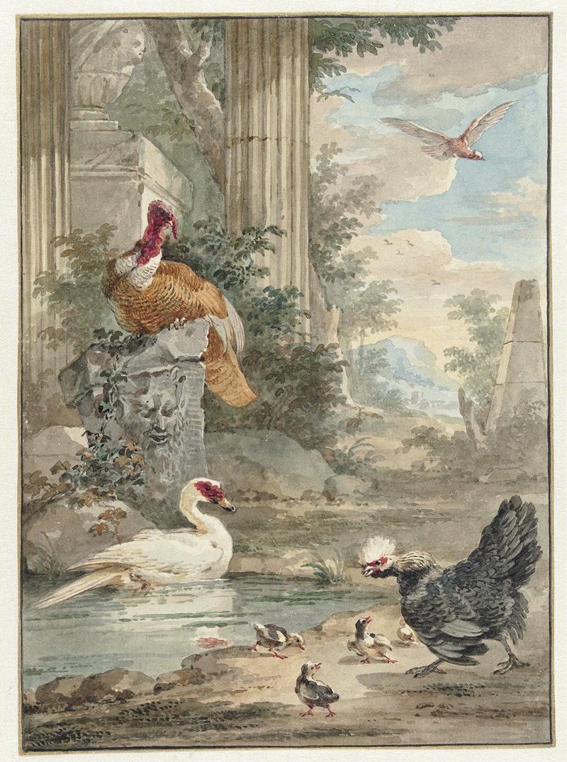 Aert Schouman - Turkey and Other Birds near Classical Ruins in a Park