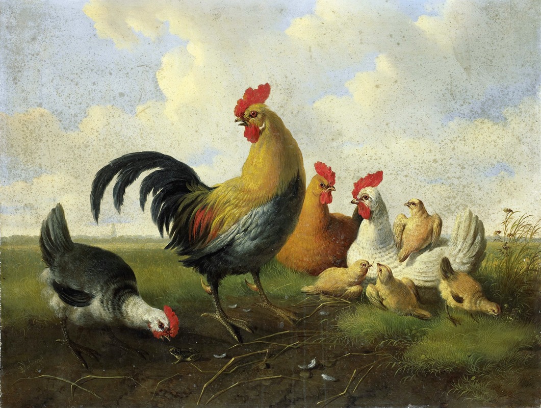 Albertus Verhoesen - A rooster with Hens and Chicks