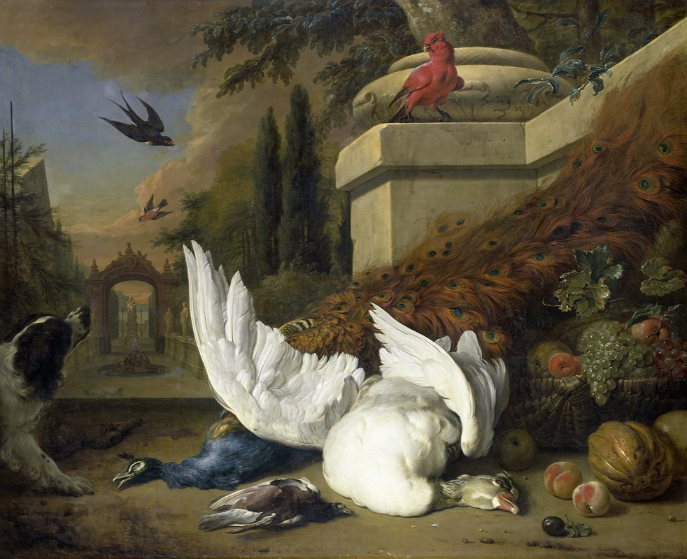 Jan Weenix - A Dog with a dead Goose and Peacock (A Study of Game and Fruit)