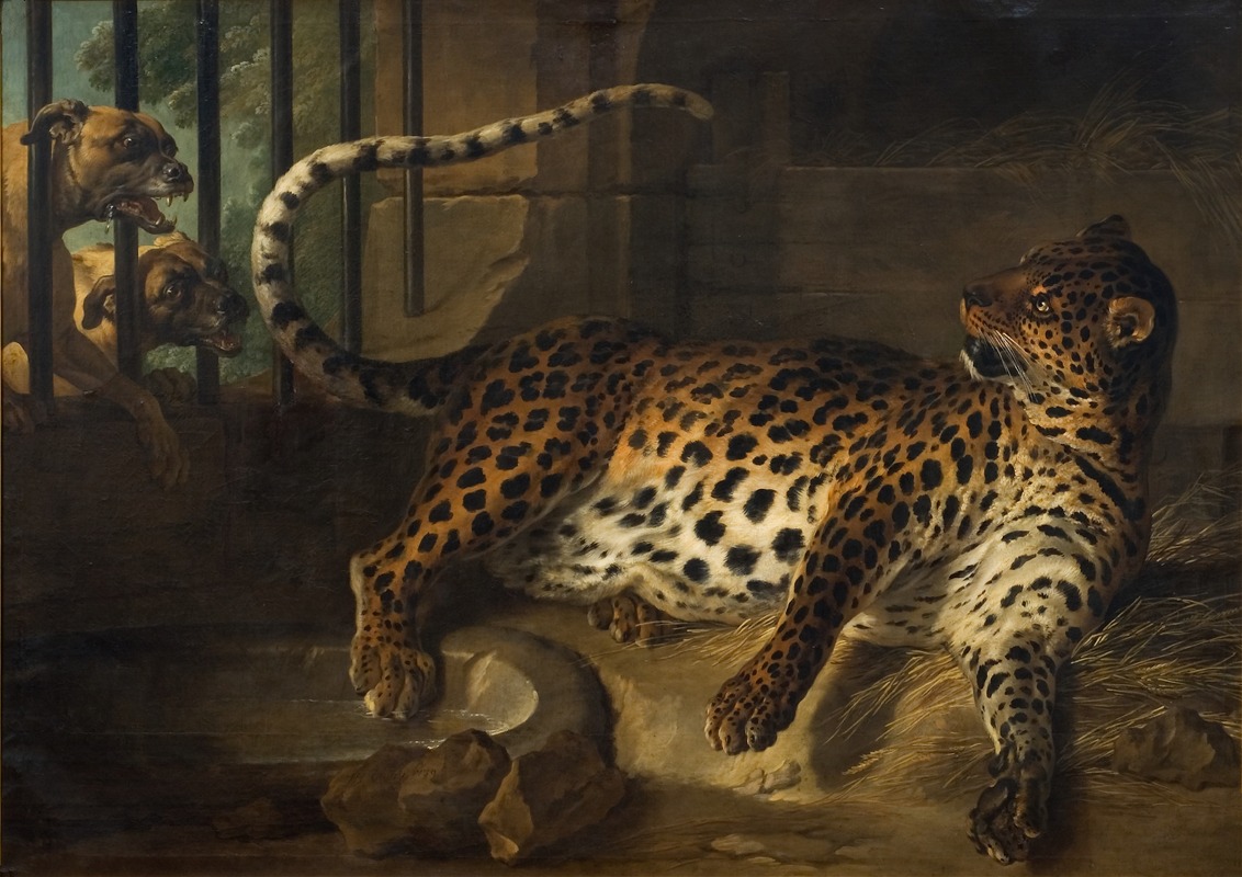 Jean-Baptiste Oudry - Leopard in a Cage confronted by two Mastiffs
