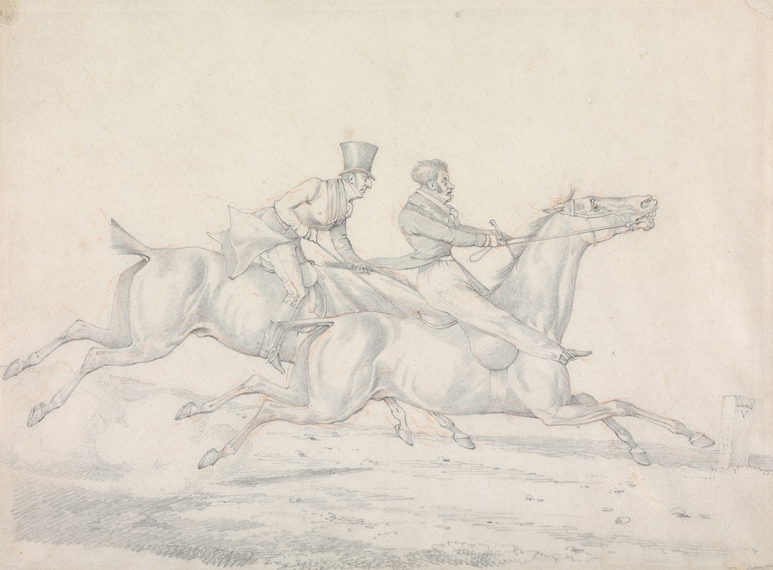 Henry Thomas Alken - Drawing for ‘Specimens of Riding near London:’ The Pleasure of Riding in Company. One Would Stop if the Other Could