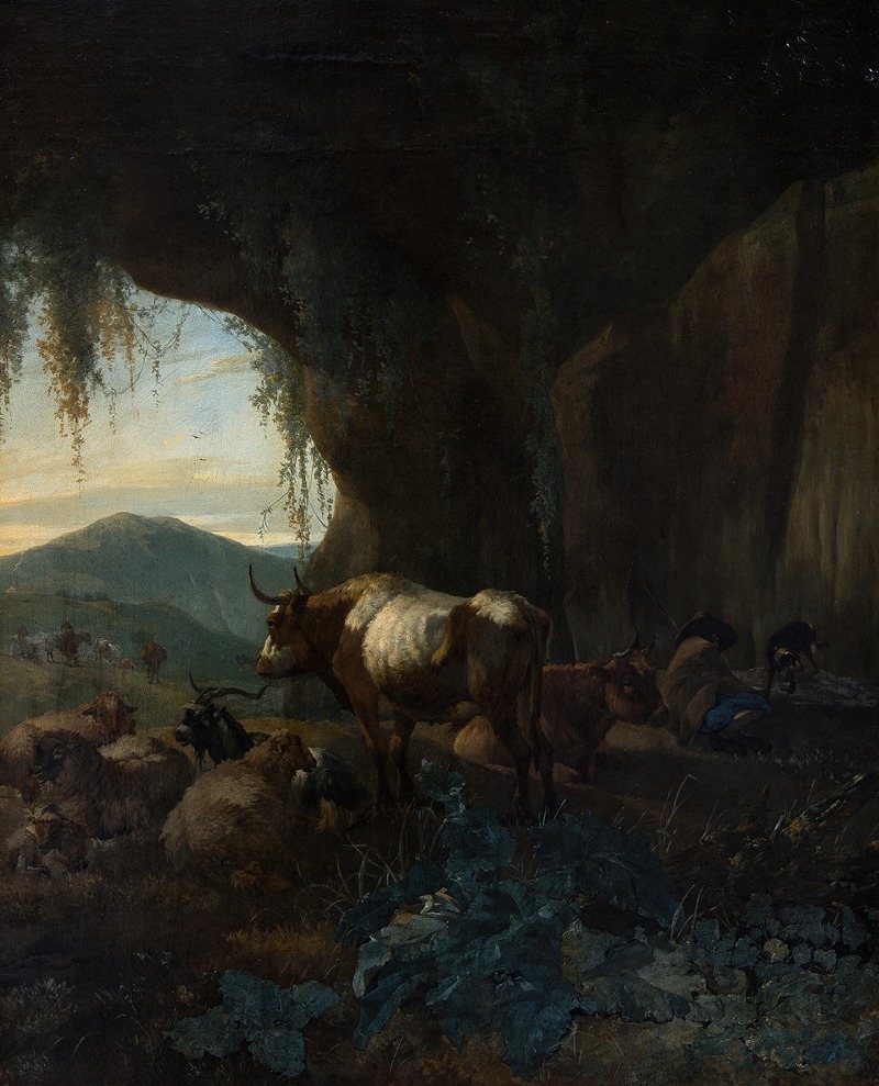 Willem Romeyn - A Shepherd and Cattle in a Cave