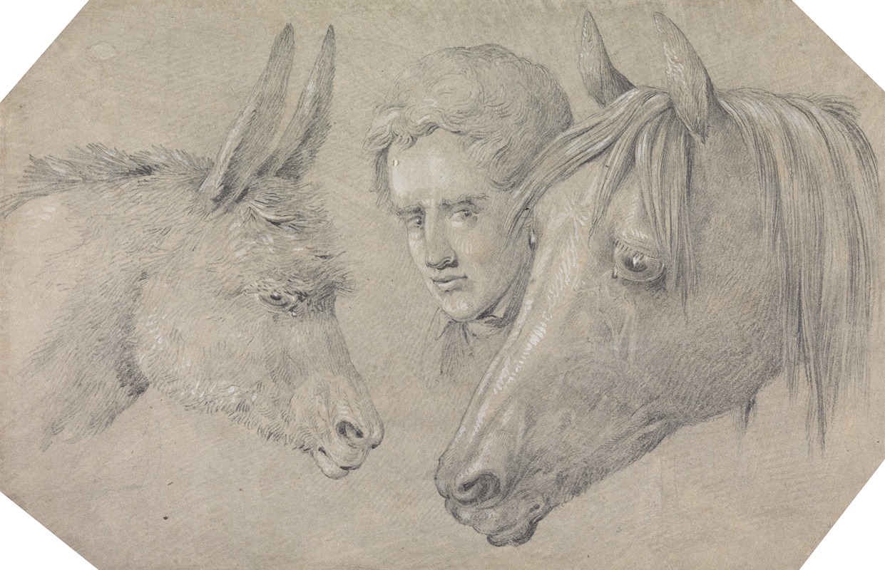 Henry Thomas Alken - Head of a Stable Lad, Looking Between the Heads of a Horse, on His Left, and a Donkey, on His Right