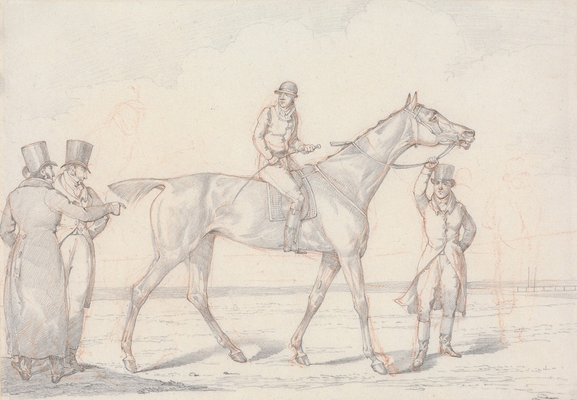 Henry Thomas Alken - ‘Landscape Scenery’, No. 15: Racehorse with Jockey Up, Two Men Discussing the Horse