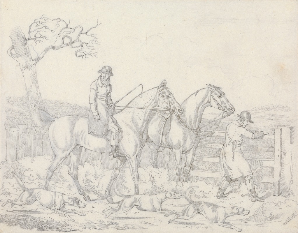 Henry Thomas Alken - ‘Scraps’, No. 24: Hunting -Ttwo Riders, One Opening a Gate For Hounds