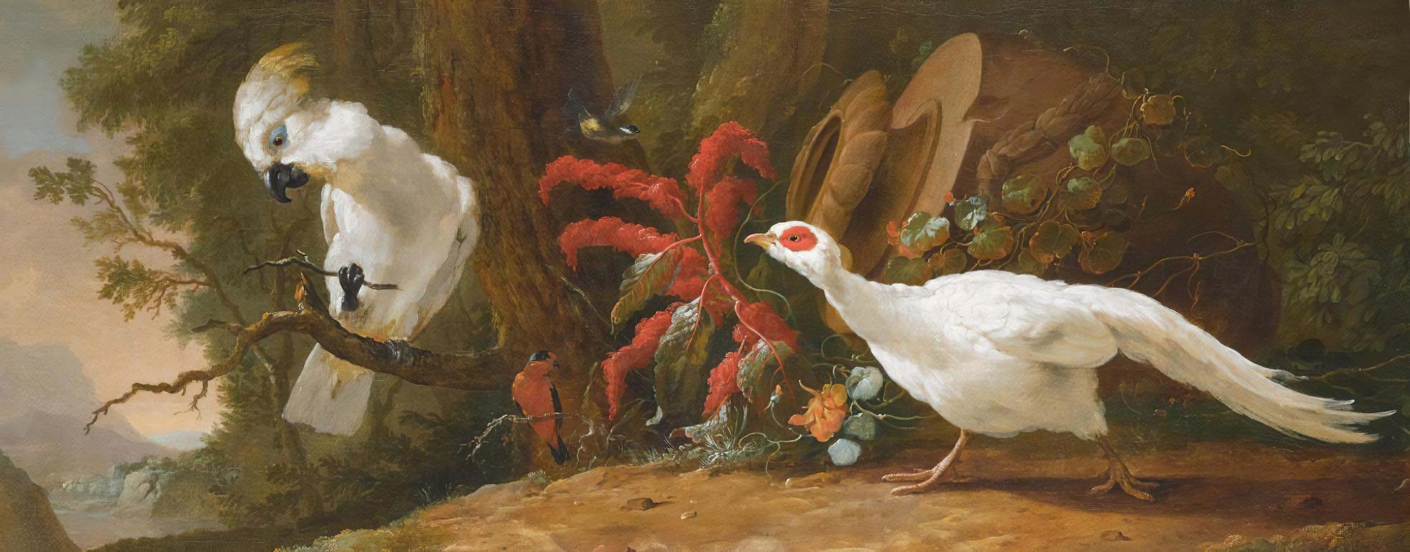 Abraham Bisschop - A Sulphur-Crested Cockatoo, A Red-Crested Cardinal And A White Pheasant In A Landscape With A Fallen Urn In The Background