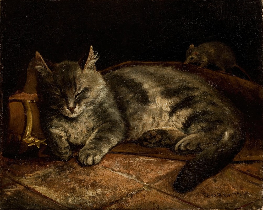 Adolf Von Becker - Sleeping Grey Cat And A Rat