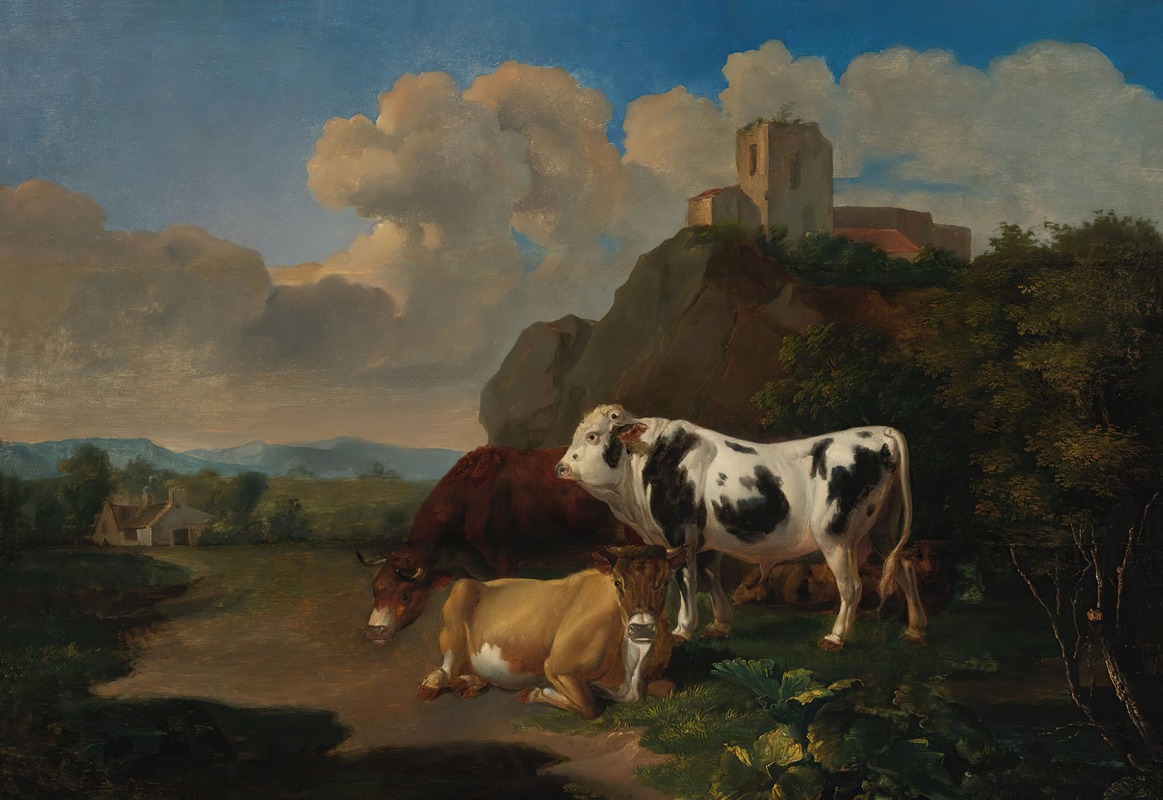 Dutch School - A Landscape With Cattle And Ruins Beyond