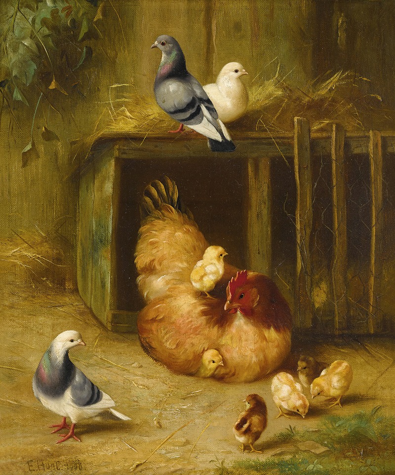 Edgar Hunt - Pigeons And Chicks With Mother Hen