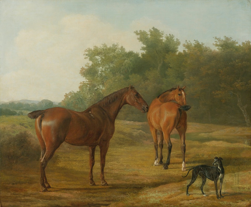 Jacques-Laurent Agasse - Two Horses And a Greyhound In A Landscape
