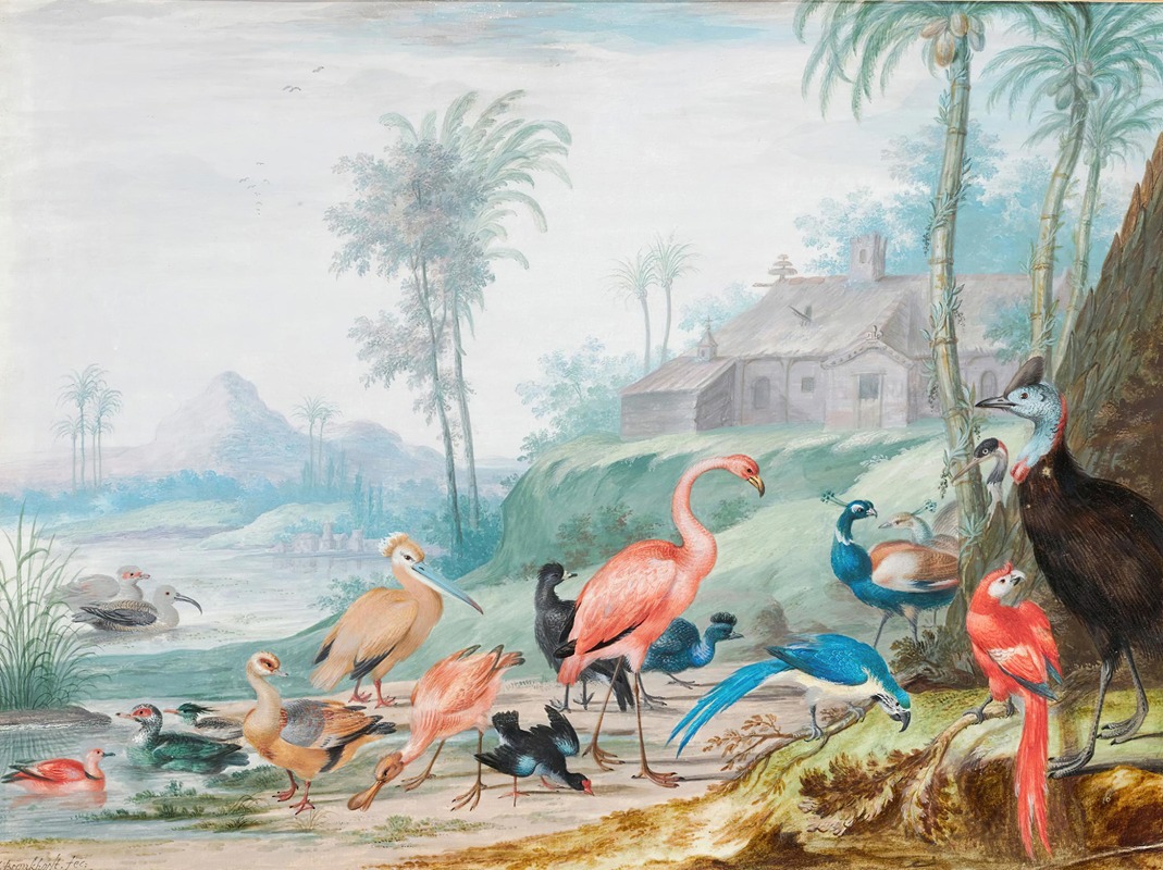 Johannes Bronckhorst - A Group Of Exotic Birds In A Landscape Beneath Palm Trees, A Building And Mountains Beyond