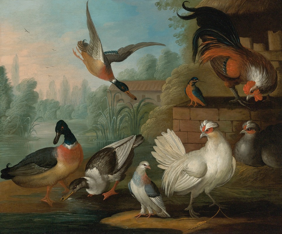 Marmaduke Cradock - Still Life With Cockerels, Ducks, A Kingfisher And A Pigeon In A River Landscape