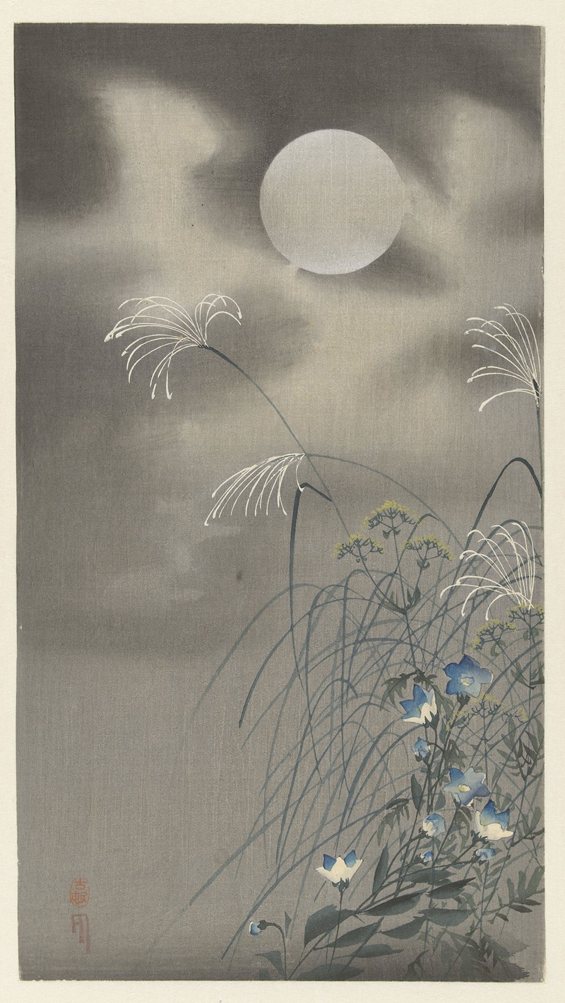 Ohara Koson - Grasses and flowers at full moon