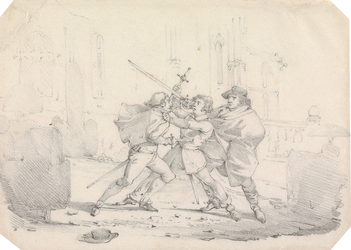 Henry Thomas Alken - Three Men in Seventeenth Century Dress, in a Street Sword Fight, Central Man Run Through