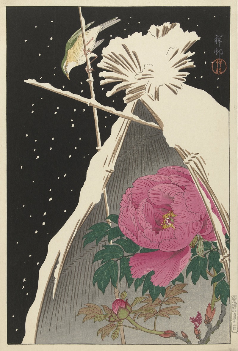 Ohara Koson - Siberian Bluechat next to a Peony sheltered by a Snowcovered Hay Sheaf