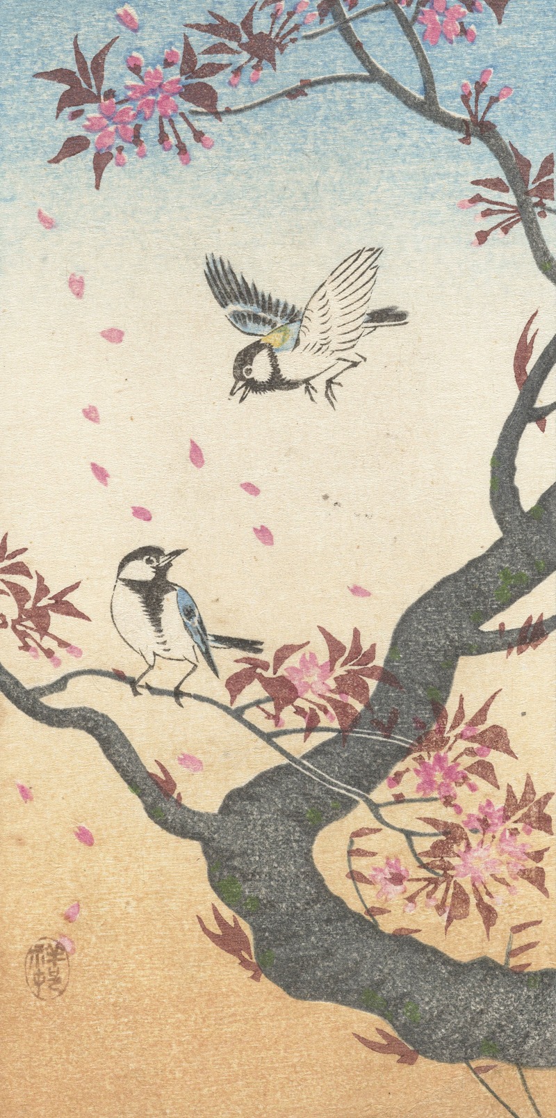 Ohara Koson - Two great tits at blossoming tree