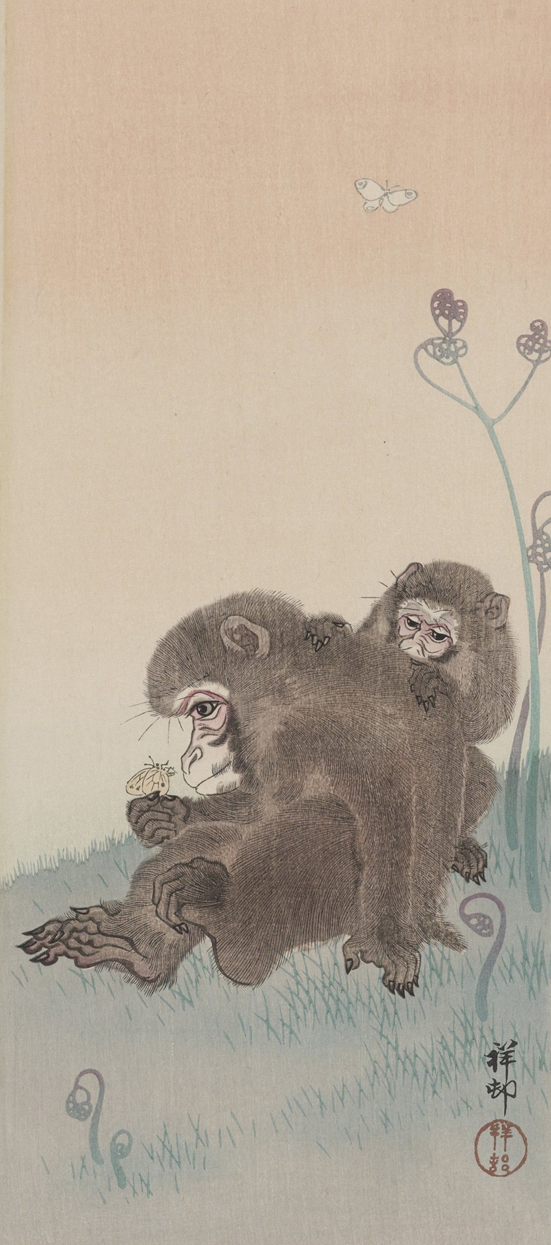Ohara Koson - Two monkeys with butterfly